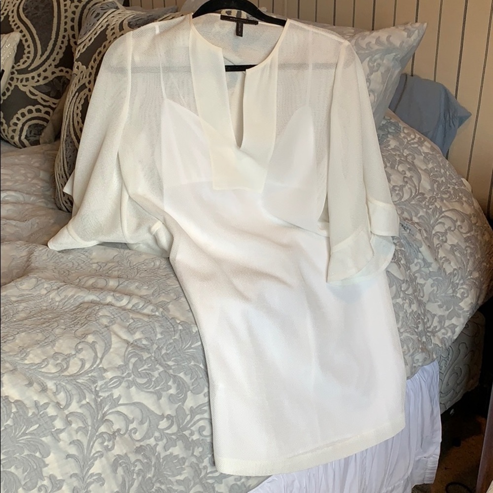 BCBG MaxAzaria creamy white dress with bell sleeve